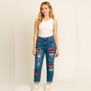 ‼️SOLD‼️ Unbranded Distressed Denim With Red Heart Patterned Patches